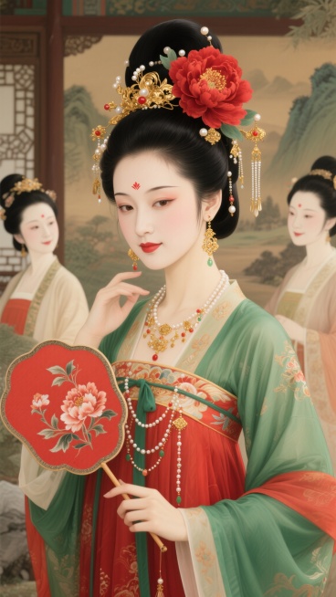 唐代古风美人，高髻发式装饰大朵红牡丹、金色珠花、珍珠及流苏金饰，眉间一点朱砂，精致唐妆，佩戴繁复金耳环与多串珠项链，身着红绿配色传统唐制襦裙，手持绣花红色团扇，不同人物神情或温婉含笑或端庄凝视或略带娇羞，动作或执扇轻摇或轻抚鬓发或拈花微笑，背景为古色古香的庭院、屏风或山水景致，整体呈现细腻写实的古典美人画风，色彩浓郁和谐，光影柔和，细节精致，无任何文字元素。预览效果