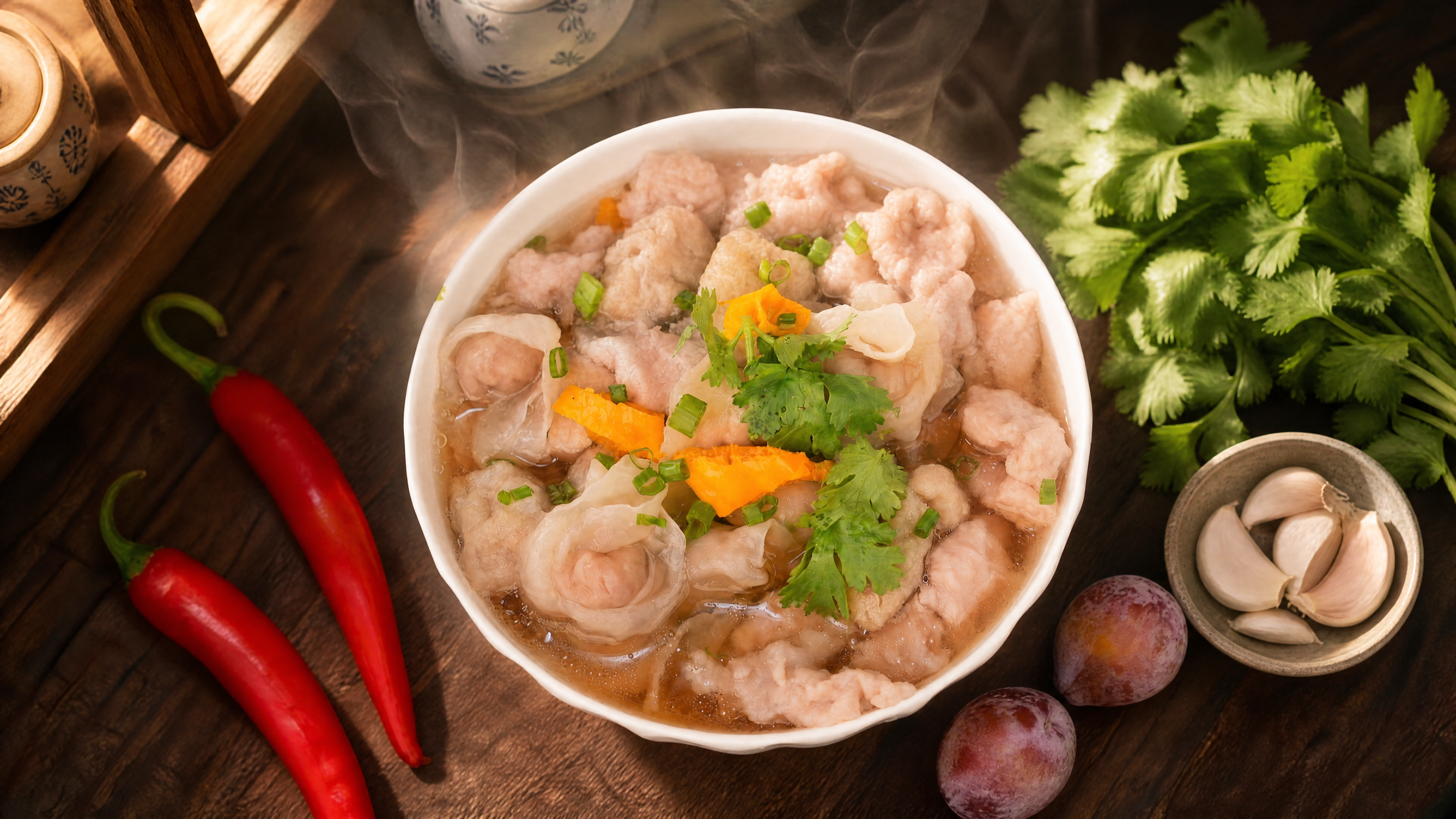 肉片肉燕汤碗严格参照上传产品图，完整保留碗的造型、汤品、肉片、… - 图片创意预览