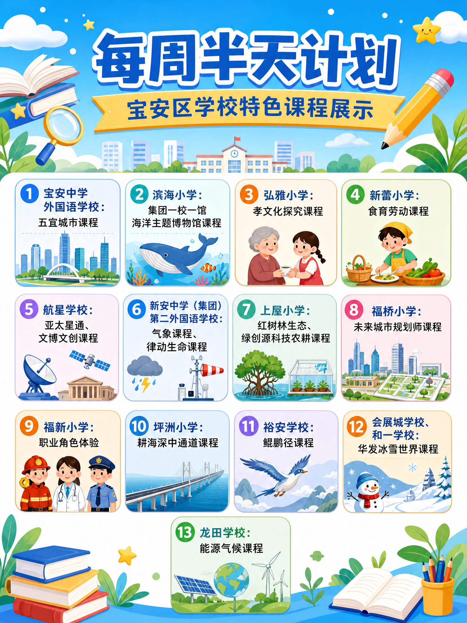 一张教育宣传信息图，展示深圳市宝安区“每周半天计划”下各学校的… - 图片创意预览
