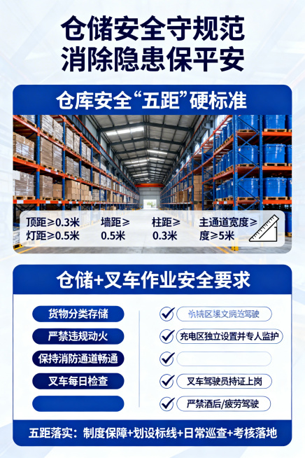 仓储安全宣传海报，主标题“仓储安全守规范 消除隐患保平安”，核心板块1：仓库安全“五距”硬标准，标注顶距≥0.3米、灯距≥0.5米、墙距≥0.5米、柱距≥0.3米、垛距≥1米、主通道宽度≥5米，搭配米预览效果