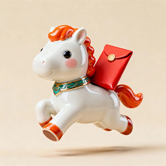 画面主体是一只卡通小马 —— 白底配橙色鬃毛，佩戴青绿与金色相间的装饰项圈，驮着一个大大的红包奔跑，米色纯色背景。