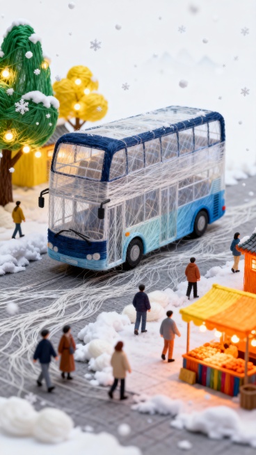 雪花纷飞中，双层公交车驶在积雪的桂林街道上，行人穿梭其间。街道旁装饰着亮灯的树，建筑灯火璀璨，还有集市摊位的暖光预览效果