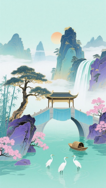 一座中式古桥横跨画面中央的溪流，苍劲的迎客松立于桥侧，粉色或紫色的杜鹃点缀在山石与林木间；青色竹帘缠绕桥身，远处是桂林山水的喀斯特峰林，朝阳悬于天际，瀑布从峰峦间的云雾中飞泻直下，雾霭弥漫，江南水乡的预览效果