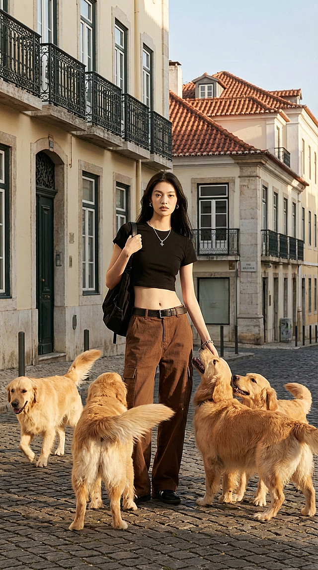 场景为欧洲街道旁，人物姿态舒展，身着法式简约时尚套装。在人的周围放很多金毛狗狗。时尚大片感。