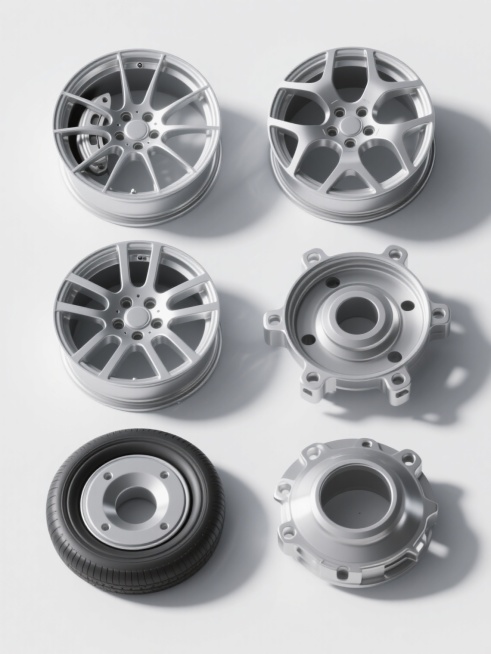 六个汽车配件以规整网格排布，包含轮毂等不同汽车部件，整体采用简约现代造型，3D渲染风格，金属材质展现出细腻的高光与哑光质感对比，橡胶部分呈现出真实的弹性纹理，高光与阴影细节丰富，光源从斜上方照射形成自然的明暗过渡，统一纯色背景，无任何文字、logo和水印，画面干净整洁，突出产品本身的形态与材质美感。预览效果