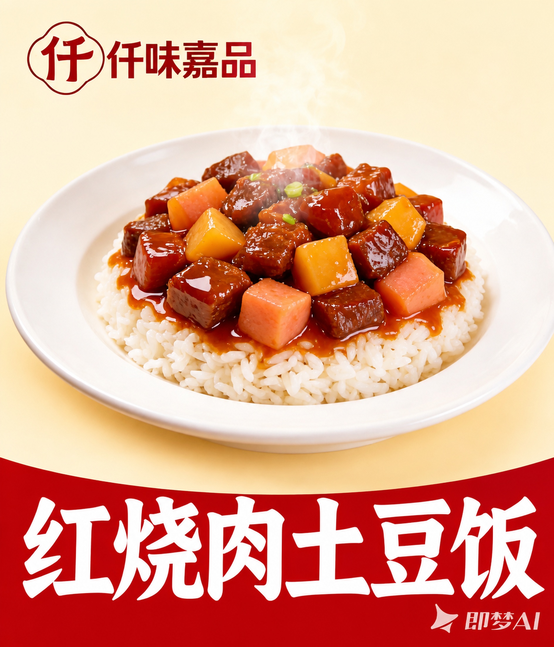 精确复刻参考图的红烧肉土豆饭美食海报，版式、配色、文字、食物呈… - 图片创意预览