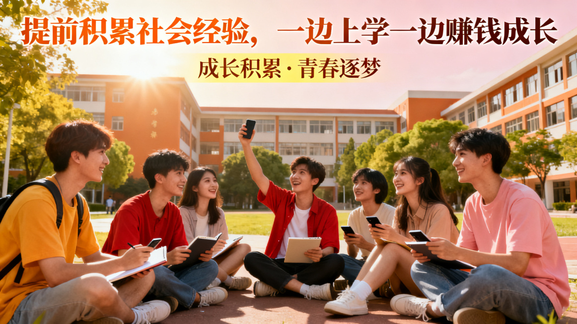 成长副业宣传海报，主副标题分明，主标题为"提前积累社会经验，一边上学一边赚钱成长"，副标题突出成长积累，搭配大学校园青春场景，年轻学生交流画面，积极向上风格，字体使用宋体，暖色调设计，16:9比例预览效果