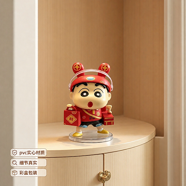 在图片左下角添加三个小卖点文字，从上到下依次为：pvc实心材质、细节真实、彩盒包装，保持原图片内容和风格不变，文字清晰不遮挡主体
