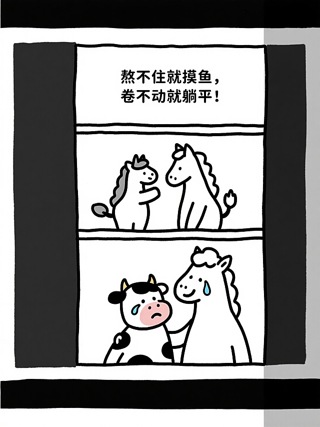 小马安慰小牛：“熬不住就摸鱼，卷不动就躺平！”​
小牛呜呜哭，说：“谢谢你”