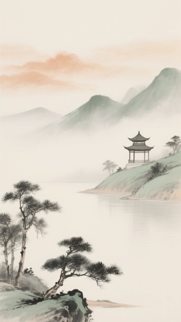 中国传统水墨山水画风格，淡雅的米色背景晕染着浅赭石色云雾，前景是朦胧的灰绿色远山和几株用浓墨勾勒的松树，中景是笼罩在薄雾中的平静湖面，远景右侧山坡上矗立着一座古色古香的三层四角亭，整体画面采用留白手法营造出空灵悠远的意境，色调和谐统一，笔触柔和富有水墨韵味，构图简洁疏朗，干净雅致，适合作为背景素材使用。预览效果