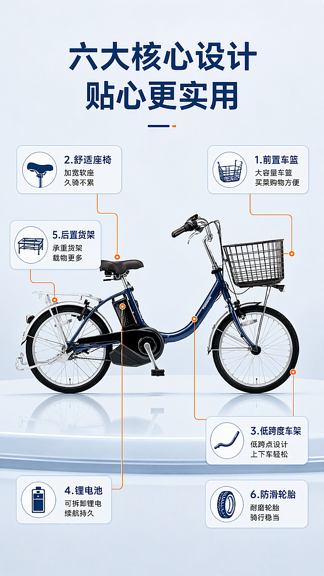 [第3张] 结构解析页-电动助力自行车核心部件引线标注。本张使用【图1】作为产品全貌主体，保持所有部件结构与原图一致。
[氛围/风格] 科技简约风，干净专业，结构说明感，商业摄影+信息图标结合。
[元素布局] 电动自行车侧视全貌置于画面中央，占比约60%；从车身6个关键部位引出细线连接到左右两侧的说明卡片；背景为浅灰蓝色渐变，底部有微弱反光台面；每个引线端点有小圆点标记部位。产品物理结构、颜色、部件位置与输入图完全一致。
[光影质感] 顶部均匀柔光，底部柔和反光，车身细节清晰，金属质感表现到位。
[配色色系] 全局底色 #F2F7FB 浅灰蓝；主色藏青蓝 #1A3A5C；引线和标注点用暖橙 #FF8C42；说明卡片白底浅蓝边。
[视角构图] 正侧视视角，产品居中，引线向左右两侧展开，阅读动线围绕产品呈环形。
[文字版式] 顶部大标题「六大核心设计 贴心更实用」。六个引线标注：1.前置车篮 → 「大容量车篮 买菜购物方便」；2.舒适座椅 → 「加宽软座 久骑不累」；3.低跨度车架 → 「低跨点设计 上下车轻松」；4.锂电池 → 「可拆卸锂电 续航持久」；5.后置货架 → 「承重货架 载物更多」；6.防滑轮胎 → 「耐磨轮胎 骑行稳当」。每个标注配小图标，文字清晰不遮挡车身。
[比例分辨率] 9:16 竖版比例，4K 分辨率，文字清晰可辨，高清画质。
[负向提示词] 车身变形，缺件错件，颜色偏差，水印，文字错乱，引线模糊，结构错误。