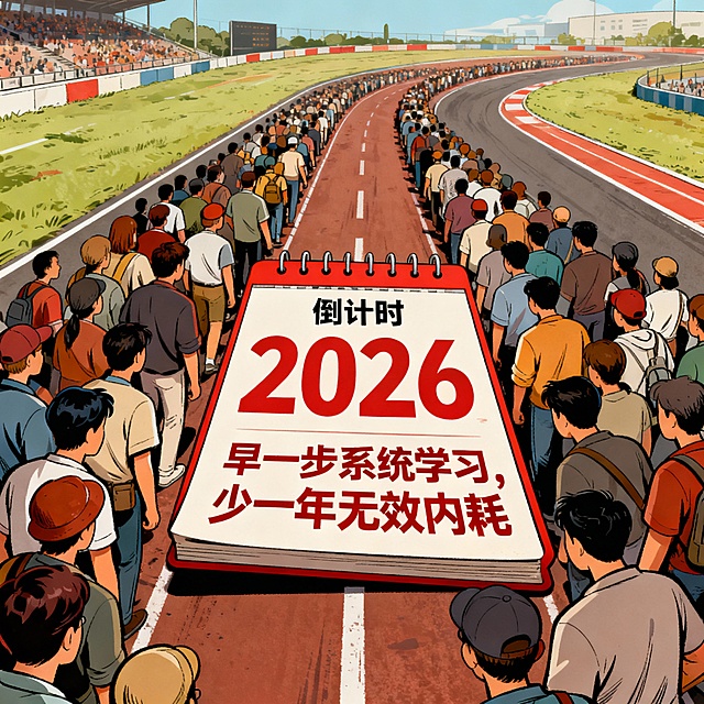 2026年日历页，插画师赛道拥挤的漫画（很多人挤一条路）
中央倒计时牌：“早一步系统学习，少一年无效内耗”