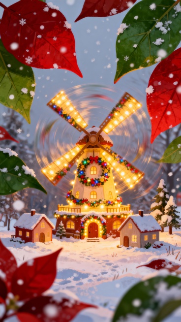微型房屋围绕着一个巨大的节日风车，风车装饰着花环和灯光，雪花轻轻地在旋转的红绿叶片间飘落预览效果