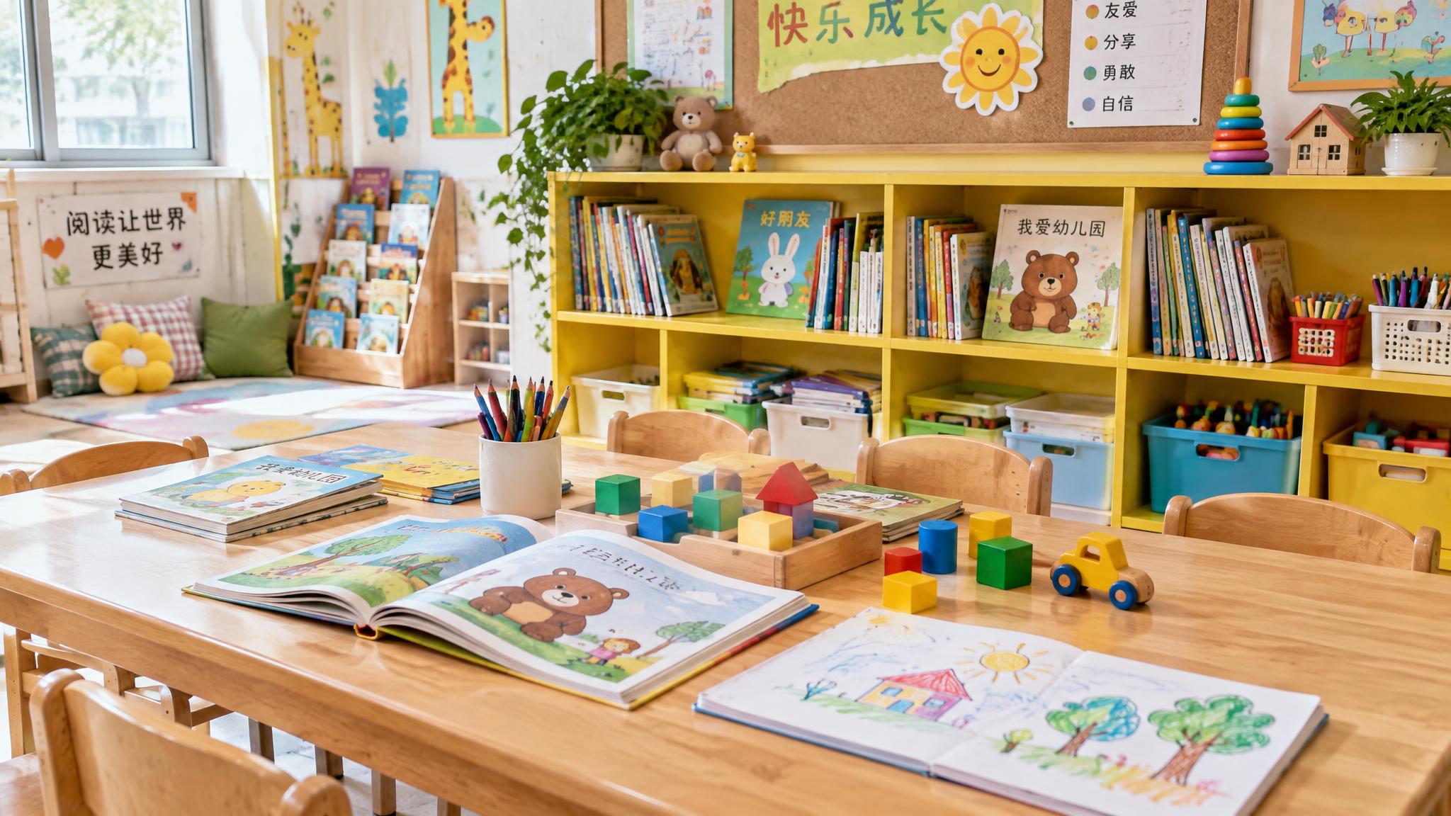 幼儿园教室室内场景，写实摄影风格，高清细节。背景靠墙摆放着一个… - 图片创意预览