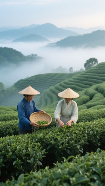 写实摄影风格，清晨薄雾笼罩的层层叠叠绿色茶园，远景为云雾缭绕的山峦，近景是两位戴着传统斗笠的采茶人，一位穿蓝色上衣、一位着浅色传统服饰，手持竹编茶篓和圆形竹匾，正在修剪整齐的茶树行间采茶，整体色调以翠绿、青蓝为主，光线柔和呈漫射状，营造出宁静悠远、自然清新的氛围，展现传统茶文化与田园风光的和谐之美。预览效果