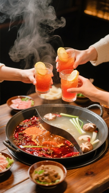 热气腾腾的鸳鸯火锅置于餐桌中央，红油锅底沸腾翻滚，漂浮着辣椒、花椒和各种食材，清汤锅底则点缀着菌菇与葱段，周围环绕着几碗配菜；四只手从不同方向举杯相碰，玻璃杯内橙红色饮品中漂浮着柠檬片，杯壁凝结水珠；暖色调灯光营造出温馨热闹的氛围，木质桌面与深色背景增强画面层次感，蒸汽氤氲缭绕，展现不同角度的餐饮聚会场景，突出食物的诱人色泽与用餐的欢乐气氛。预览效果