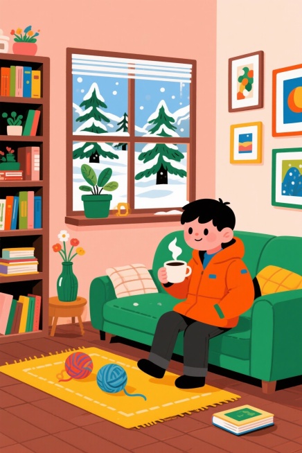 参考图片的画风，帮我生成一张在室内小男孩喝咖啡的插画，要求屋内温馨，屋外是冬天的雪景预览效果