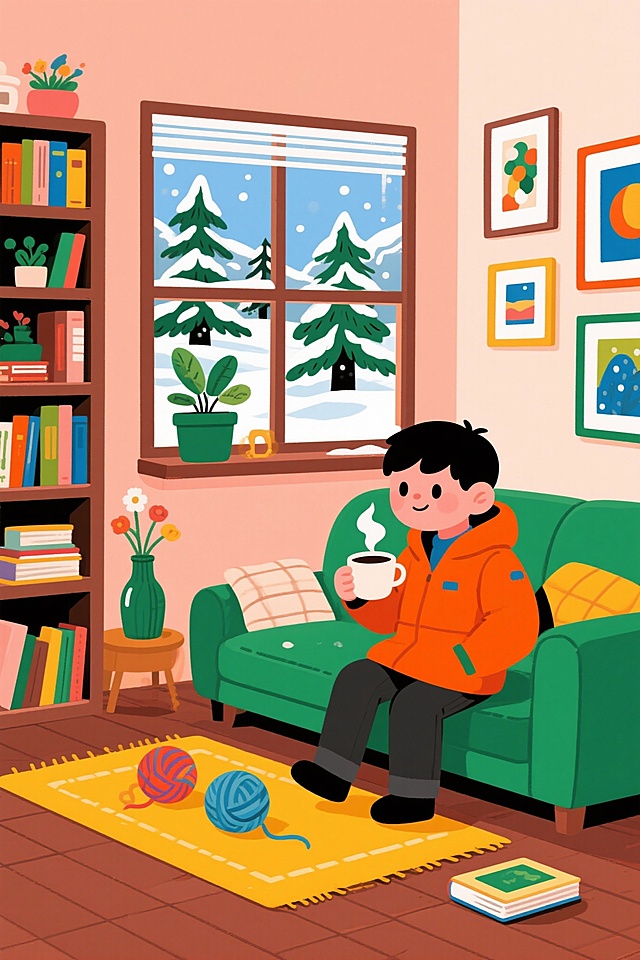 参考图片的画风，帮我生成一张在室内小男孩喝咖啡的插画，要求屋内温馨，屋外是冬天的雪景