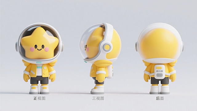 软3D风卡通星形角色，拟人化设计，可爱感十足，展现多角度视图。