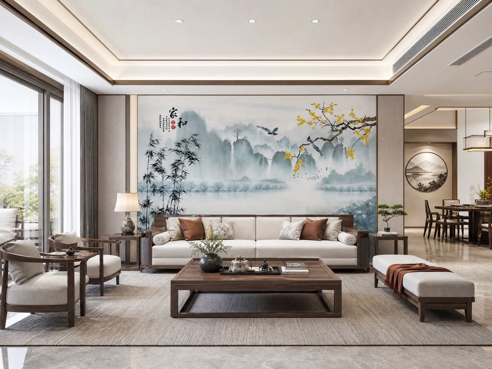 将参考图中的刺绣硬包背景墙图案完整保留，图案颜色和细节完全不变… - 图片创意预览