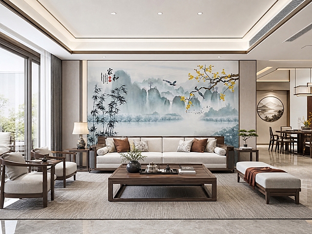 将参考图中的刺绣硬包背景墙图案完整保留，图案颜色和细节完全不变，放置在现代大平层新中式客厅的沙发背景墙上，客厅空间宽敞大气，整体光线自然柔和偏亮，色彩饱满有层次，真实家装客厅场景效果，超写实摄影质感，4:3构图