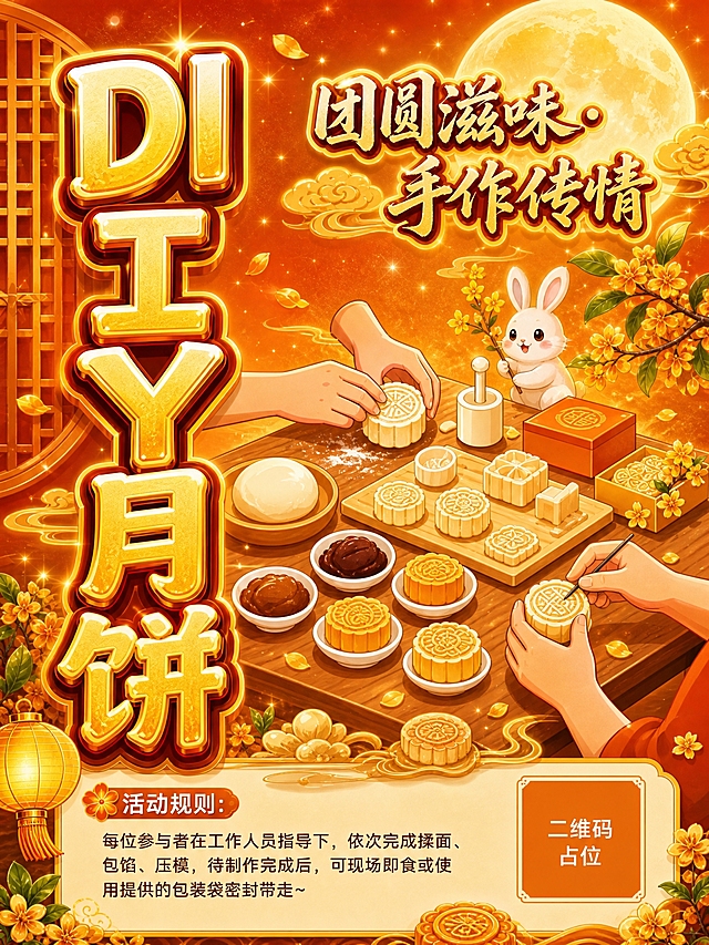 将这张DIY月饼海报（图1）改造成图2的国潮金秋金色立体字风格，形成统一视觉。

【整体风格】国潮金秋暖橙金色调，金色立体字+暖橙渐变背景+星光粒子+祥云桂花装饰，与图2风格完全统一。

【主标题区】画面左侧竖排超大金色立体字"DIY月饼"，字体为粗黑体带金色渐变和立体浮雕效果，深红棕色描边，字重900，有金属光泽和阴影增强立体感，与图2糖画标题字体风格完全一致。右上角副标题"团圆滋味·手作传情"，书法风格金色字体带深红描边。

【主视觉区】画面中右侧，木桌上摆放着月饼DIY场景：双手正在用模具压月饼，桌面上有揉好的面团、各种馅料碗（豆沙、莲蓉等）、月饼模具、已做好的冰皮月饼和广式月饼，月饼有精致花纹。旁边有一只可爱的小白兔拿着桂花枝，背景有金黄色月亮和祥云。整体为晶莹剔透的国潮插画风，暖金色灯光照射，有星光粒子点缀。

【背景】暖橙到深金红的渐变背景，上方有一轮明亮的满月，周围有金色祥云纹样和桂花枝点缀，飘散的金色花瓣和星光粒子增加氛围感，左侧有中式窗格装饰，整体色调温暖喜庆，国潮风格，与图2背景氛围统一。

【活动信息区】画面底部，米黄色圆角卡片（带金色边框）内包含活动规则文字：
"活动规则：
每位参与者在工作人员指导下，依次完成揉面、包馅、压模，待制作完成后，可现场即食或使用提供的包装袋密封带走~"
卡片右侧有一个橙色方形二维码占位符，中央标注"二维码占位"文字。

【装饰元素】金色祥云、桂花枝、玉兔、中式灯笼、月饼图案、金色花瓣、星光粒子，国潮手绘风格，线条流畅，色彩饱满，与图2装饰元素风格统一。

【版式】左侧竖排大标题+右侧主视觉+底部信息卡片，排版精美，层次分明，四周留有安全边距。整体构图和元素布局参考图2的结构，替换为月饼相关内容。

画面中所有信息区域必须填充完整合理的内容，不得出现空白框或待填写区域。画面中所有二维码区域使用纯色方块占位符呈现，方块中央标注"二维码占位"文字，严禁生成任何可识别的二维码图案。