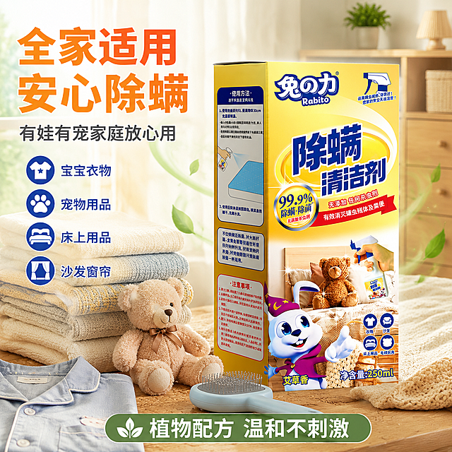 [主图-2] 除螨清洁剂适用人群图，全家适用主题，家庭温馨场景。
[氛围风格] 温馨家庭幸福感，安心可靠，抖音种草温情风。
[画质] 商业摄影质感、光线柔和温暖、产品清晰真实、画面干净温馨。
[元素] 画面中央偏右放置兔之力除螨清洁剂盒装产品（保持盒装外观与输入产品图完全一致，黄色包装盒完整展示，杜绝变形色差），产品占画面约50%。产品左侧和下方展示家庭生活元素：叠放整齐的干净毛巾、儿童毛绒玩具熊、棉质睡衣一角、宠物毛发梳理工具（暗示有宠家庭），这些物品围绕产品摆放，体现多人群适用。背景是明亮的家居环境，浅木色家具、白色纱帘，阳光从窗外洒入形成丁达尔效应。产品周围有淡淡的艾草清香可视化效果，用浅绿色流线表示。画面整体营造干净温馨的家庭氛围。
[光影] 午后自然光从左侧窗户外洒入，暖金色调，光线柔和，产品和物品都有自然的光影，整体温暖通透。
[配色] 主色暖白+浅木色（家居背景），辅色暖黄色、艾草绿、淡蓝色，整体温暖柔和，家庭感强。
[视角构图] 平视略俯视，产品居右偏上，家庭物品在左下环绕，景深中等，前景后景分层，画面温馨有层次。
[文字版式] 左上大标题"全家适用 安心除螨"，暖橙色粗体大字。副标题"有娃有宠家庭放心用"，灰色小字。产品左侧竖排四个圆形图标加文字："宝宝衣物""宠物用品""床上用品""沙发窗帘"，每个图标蓝色配文字说明。底部绿色条写"植物配方 温和不刺激"白色字。所有文字横排清晰可读。
[输出要求] 1:1比例，文字清晰锐利，超高清商业摄影质感。
[负向提示词] 变形，文字错乱，产品图模糊，背景杂乱，水印，电商平台Logo，人物面部，多余的手，畸形手。