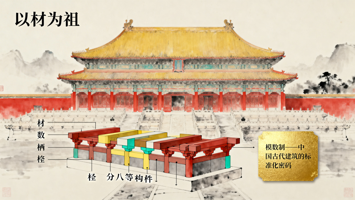 国风工笔淡彩水墨风格，主色调朱红、明黄、青灰、赭石。《营造法式》"以材为祖"模数制度科普示意图，清晰展示材、栔、分八个等级构件，构件按模数标准有序拼接成太和殿结构片段，旁注金色文字卡片"模数制——中国预览效果