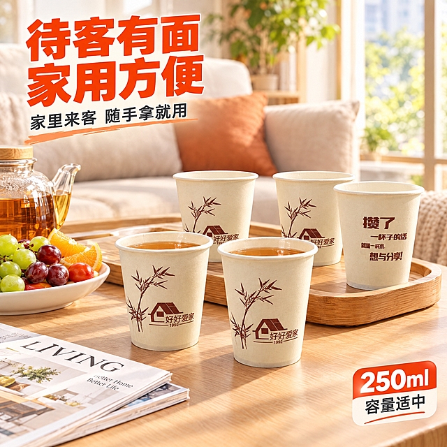 [主图-4] 主题：家庭客厅待客使用场景，生活化场景代入。
[统一基调] 抖音电商风格，强视觉冲击，明亮通透，洁净生活感，背景主色为温馨家居色调，标题字色为橙红色，辅助字色为深灰色，强调色为橙红，字体为粗黑体大号字，字号层级分明，卡片圆角轻阴影。
[画面] 温馨的现代家居客厅茶几场景，浅木色茶几上摆放着一壶热茶、一盘水果、几本杂志，还有4-5只喜凤缘本色纸杯（带竹子图案），其中两只杯子里倒有茶水，杯子整齐排列在茶盘旁。背景虚化的客厅沙发和落地窗，阳光从窗外洒入，营造温暖的家庭待客氛围。产品是场景中的核心元素，清晰可见。
[光影质感] 真实家居摄影质感，自然光从右侧窗户洒入，柔和温暖，茶几上有自然光影，纸杯有真实的纸材质感，茶水有通透反光，整体氛围温馨自然，产品与场景融合自然无悬浮感。
[配色] 整体暖色调家居氛围，木色、米色、暖白色为主，标题橙红色突出，辅助文字深灰色，整体温馨有生活气息。
[文字版式] 画面左上角大标题粗黑体「待客有面 家用方便」；副标题「家里来客 随手拿就用」字号缩小60%；右下角小字标注「250ml 容量适中」；文字放在画面边角负空间，不遮挡产品主体，横排清晰可读。
[输出要求] 比例1:1，文字清晰无错字，产品清晰不变形，场景自然不杂乱，无水印无平台Logo，无多余杂物。