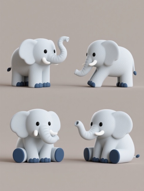 四个造型各异的卡通大象形象组成的系列素材集合，每个大象均采用相同的浅灰色调，具有磨砂质感的身体、深蓝色的脚掌、闭合的黑色椭圆形眼睛和白色的象牙，整体风格保持一致的简约可爱，第一个大象站立并扬起卷曲的鼻子，第二个大象抬起一条前腿并低头，第三个大象侧身坐着并将鼻子向前伸展，第四个大象四脚着地并将鼻子弯向一侧，四个大象规整地排布在纯色背景上，彼此间距均匀，形成协调统一的画面。预览效果