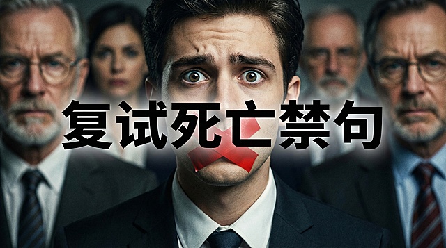 [image-高清晰度人像特写。一个穿着正装的考生，眼神惊恐。他的嘴巴被【两道红色的叉号胶带】封死。背景是虚化的导师严肃的脸。画面正中悬浮着黑色的粗体大字【复试死亡禁句】。]