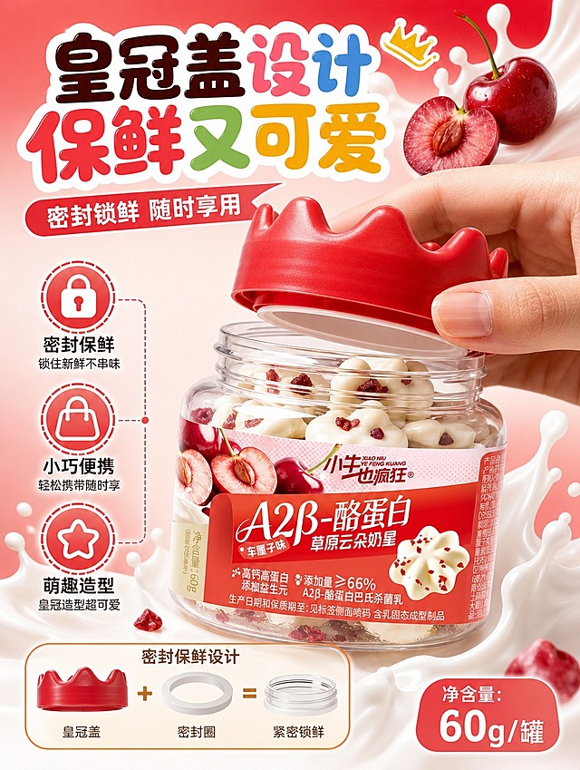 [商品] 使用【图1】车厘子味草原云朵奶星，保留皇冠盖、玻璃罐、标签文字Logo、红白配色；画面展示开盖动作，罐身+盖子分离状态。
[画面] 目标：包装细节与保鲜设计竖版展示。上部：标题区+车厘子水果装饰；中部：产品大特写，一只手正在拧开红色皇冠盖，罐口露出带红色果粒的奶星，展示密封结构和内部奶星形态；左侧3个卖点图标竖向排列；下部：密封保鲜示意图标+规格信息。背景：暖红色渐变+奶花飞溅装饰。3层视觉：背景渐变、中层产品+手部、前景装饰奶滴。
[视觉] 套系策略：风格=多巴胺高饱和撞色+内蒙草原清新商业摄影；标题字=圆润可爱粗体卡通字；正文字=简洁圆润无衬线体；主色=多巴胺彩虹色系（红/粉/黄/绿/蓝）；背景延展=从草原蓝天绿草地渐变到多巴胺彩色渐变底，同色系深浅层级；强调色=橙黄色，仅用于小面积图标、引线、标签高光；标题色=深棕+彩色渐变字效；正文色=深灰；组件=圆角彩色信息卡、虚线引线、可爱图标；光影=右前侧暖柔光，突出玻璃罐通透感和开盖动作。
[文字] 顶部主标题「皇冠盖设计 保鲜又可爱」，副标题「密封锁鲜 随时享用」；左侧竖向排列3个卖点：「密封保鲜」「小巧便携」「萌趣造型」，每个配小图标；底部规格"净含量：60g/罐"。文字全部横排，不遮挡开盖动作主体。
[规格] 竖版长方形比例3:4，4K分辨率，避免变形、错字、文字过小、手部动作不自然、罐身结构失真。