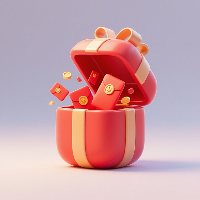软3D风设计，红色礼盒溢出红包与金币，营造浓厚喜庆感，适合节日庆祝。