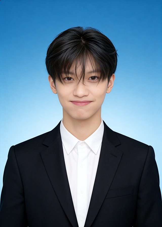 生成标准样式的证件照:参考第一张图保留人物脸型､发型、发色、年龄特征;参考第二张图的人物占位和比例;标准焦段50mm,纯正面胸像,提亮肤色,消除暗沉,隐形毛孔,均匀肤色,唇色自然提亮;头部发型完整,肤色白皙细腻,纯正面,头顶至上边缘有5%的距离,入境范围头部至胸部以上区域;人物居中,头顶距上边缘约10%,下巴距下边缘约30%,肩部平展,人物占比约画面的70%;均匀柔光,面部明亮无硬影,背景均匀提亮,画质清晰,零噪点降噪;表情自然柔和,嘴角微微上扬,面部清晰(脸部无遮挡);眼神澄澈看向镜头,清透底妆,呈现白皙细腻的原生肤质;内搭白色翻领衬衫,外搭深黑色挺括西装;均匀柔光,面部明暗过渡自然(无硬阴影､无高光反光点);面部亮度高于背景10%,突出人像主体;去除人物之外的所有元素,纯净蓝色纯色背景(无任何杂物､纹理､渐变);背景亮度均匀统一(无明暗差异);高清锐利画质,细节清晰可见;零噪点处理(无颗粒感);色彩还原自然(无偏色),严格按照第一张图内容生成｡