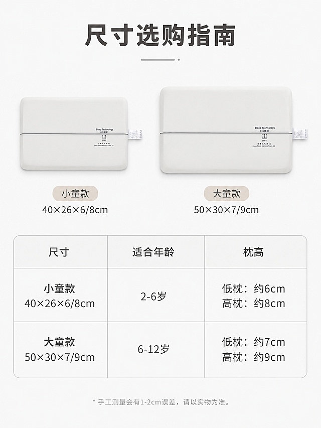 [第8屏] 规格信息-儿童枕尺寸选购指南。本屏使用【图4】作为产品主体。
[氛围/风格] 清晰信息卡，简约易读
[元素布局] 画面上方放置两款不同尺寸枕头并排展示，下方做选购表格。保持两款枕头外观、材质与输入产品图一致，排列整齐间距均匀，产品总占比约50%。下方表格清晰列出尺寸、适配年龄、建议枕高信息，留白充足，不拥挤。
[光影质感] 均匀正面光，产品和表格文字都清晰可见，投影柔和不干扰阅读。
[配色色系] 全局底色 #f8f8f8，米白枕头，浅灰表格线，深灰文字，清晰干净。
[视角构图] 上产品下信息的排版，信息层级清晰，选购一目了然。
[文字版式] 顶部标题「尺寸选购指南」，表格分三列：尺寸、适合年龄、枕高，清晰列出小童款和大童款参数，字体大小适合手机阅读，每个单元格文字完整清晰。
[比例分辨率] 3:4竖版比例，4K分辨率，文字清晰可辨，高清画质
[负向提示词] 变形，水印，文字错乱，文字过小，缺件错件，结构错误，颜色偏差，包装文字错乱，产品图模糊，背景杂乱