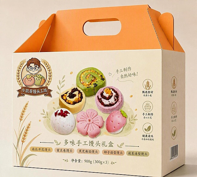 将礼盒提手部分的橙色适当提亮，变得更鲜亮一些，但不要过曝，保持自然柔和的质感和光影层次，盒身所有图案、文字、颜色均保持完全不变
