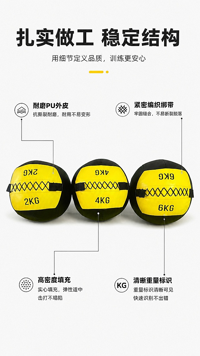 [第3屏] 结构解析-健身药球整体结构引线标注。本屏使用【图1】作为产品主体。
[氛围/风格] 专业解析风，清晰直观，细节展示明确。
[元素布局] 产品居中占比约70%，细线引线标注核心部位：耐磨PU外皮、紧密编织绑带、高密度填充、清晰重量标识；每个引线对应短说明，整体排版干净不杂乱；保持产品原有结构和色彩不变。
[光影质感] 正面均匀布光，产品立体感强，标注线条清晰不遮挡主体。
[配色色系] 全局底色 #F8F8F8；主色黑黄产品色，辅助色深灰引线和文字。
[视角构图] 正面平视，产品居中，引线说明分布于产品四周。
[文字版式] 顶部主标题「扎实做工 稳定结构」，每个引线标注「部位+优势」，如「耐磨PU外皮 抗撕裂耐用」，文字清晰不拥挤。
[比例分辨率] 9:16 竖版比例，4K分辨率，文字清晰可辨，高清画质。
[负向提示词] 结构错误，文字错乱，产品变形，颜色偏差，水印