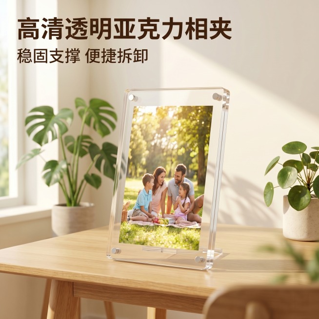 [主图 1] 亚克力相夹首图，温馨舒适家居治愈风展示。[氛围风格] 温馨治愈家居风，阳光通透清新自然；[画质] 商业摄影质感，光线柔和通透，产品清晰真实，画面干净高级；[元素] 亚克力相夹居中放置在浅预览效果