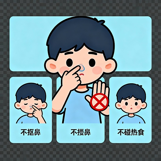 一到冬天，天干物燥，社区里流鼻血的街坊就变多了--要么鼻涕里带点血丝，要么鼻子突然滴两滴，偶尔还会哗哗流。遇到这种情况，大家的“急救操作”五花八门：仰头、塞卫生纸、冰敷额头、冷水拍后脑勺……
但医生要严肃提醒：这些做法全错了！不仅止不住血，还可能帮倒忙：
1.仰头会让血液倒流进咽喉、气管甚至胃里，容易呛咳、恶心呕吐，严重还可能误吸；
2.塞粗糙的卫生纸会摩擦损伤鼻腔黏膜，往外拽的时候还会带掉刚结的血痂，越流越多（如果实在要临时填塞，比如出血量大赶去医院的路上，只能用干净、柔软、湿润的棉球或纱布，轻轻塞在前鼻孔，千万别往深处塞，到医院赶紧取出来）；
3.冰块直接贴皮肤会冻伤，凉水拍后颈不仅止血效果差，还容易着凉，不如敷前额鼻根管用。
一、正确止血：记住“一坐二压三冰”，简单又有效
1.坐直低头！（最关键）
立刻坐下或站立，身体微微前倾，头自然低下 —— 这样能让流出的血直接从鼻孔流出来，避免倒流进喉咙。
2.用力按压！（止血核心）
先把手洗干净，用拇指和食指，紧紧捏住鼻翼两侧（就是鼻子的软骨部分，大概在鼻孔上方1-1.5厘米处），朝着中间的鼻中隔方向持续用力按。
力度要够：能感觉到明显的压迫感，才能压住出血点；
时间要够：必须连续按10-15分钟！期间千万别松手检查有没有止血，哪怕摸到血块也得坚持，频繁松手会破坏刚形成的血凝块，越止越难。小朋友可以让家长帮忙操作。
3.辅助冰敷！（收缩血管）
捏鼻子的同时，用冰袋，或者用毛巾裹着冰块、冷饮瓶，敷在前额、鼻根部，或者颈部两侧（大血管经过的地方），能帮助血管收缩，加快止血。
二、止血后注意：这几件事千万别做
止血后的几小时内，别抠鼻子、别用力擤鼻涕，也别喝热水、吃热饭，避免剧烈运动——这些行为都可能让刚愈合的血管再次破裂出血。
如果止血时血液流进了喉咙，尽量轻轻咳出来或吐出来，这样能看清出血量多少。
三、出现这些情况，赶紧去医院！
大部分鼻出血自己能止住，但遇到以下情况，别硬扛，尽快去耳鼻喉科就诊：
1.按正确方法压了20-30分钟，血还是止不住；
2.出血量特别大，还出现头晕、眼花、脸色苍白、心慌、没力气等情况；
3.外伤导致的流鼻血，尤其是鼻子变形、视力模糊的时候；
4.反复流鼻血，而且没找到明确原因；
5.除了流鼻血，还伴有牙龈出血、皮肤青一块紫一块；
6.正在吃抗凝药，或者本身有出血性疾病。
四、日常预防：比止血更重要，做好这几点少流血
1.保持鼻腔湿润：干燥季节或开空调的房间里，用加湿器；睡前可以用生理盐水喷鼻剂，或者往鼻前庭涂一点凡士林、红霉素软膏，滋润鼻腔黏膜；
2.改掉坏习惯：别用力抠鼻子、擤鼻涕！小朋友爱抠鼻子的，要及时纠正，勤剪指甲；鼻腔里有干痂的话，先用水或盐水湿润，再轻轻擤出来，擤鼻涕要单侧轮流来，别太用力；
3.饮食要合理：多喝温水，多吃富含维生素 C 的水果蔬菜，能增强血管弹性；
4.控制基础病：高血压患者要规律吃药，把血压控制好；
5.远离过敏原：过敏体质的街坊，要避开过敏原，积极治疗过敏，减少鼻腔刺激。

冬天流鼻血大多是干燥刺激引起的，只要掌握正确的止血方法，做好日常预防，就能少遭罪。如果遇到自己处理不了的情况，别犹豫，及时找耳鼻喉科医生帮忙～祝大家和家人鼻腔健康，呼吸顺畅！
请分别为每一段生成配图，简洁插画风，不要拼图、不要配字，直接生成多张图片，背景色是透明或者蓝色