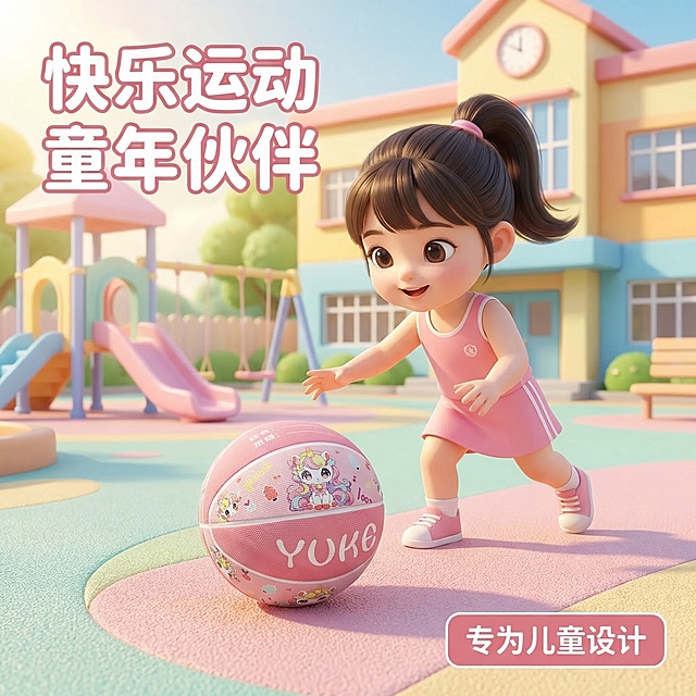 [垫图] https://gdesign-dam-hz.dancf.com/35872228424141925/0052c8c09fc8406d842184239d170af7.png
[主图主题] 粉色童趣独角兽儿童篮球场景展示主图
[氛围/风格] 童趣户外校园动画场景，活泼明亮，治愈卡通质感
[画面元素] 粉色篮球放置在色彩柔和的橡胶操场地面上，背景是远处卡通风格的教学楼和滑滑梯游乐园，一个可爱小女孩（亚洲面孔，穿着粉色运动裙）伸手做出拿球的姿势，光影是明亮的上午阳光，整体画面充满童趣，背景铺满全屏，篮球主体突出
[配色色系] 主色调：粉色篮球，辅助色：浅绿草地 浅蓝天空 马卡龙彩色乐园，清新活泼
[视角构图] 平视偏俯视构图，自然景深，主体产品在画面中心偏下
[文字版式] 文案 “ 快乐运动 童年伙伴 ” ，左上角文字悬浮，右下角粉色圆角框标注 “ 专为儿童设计 ”，字体为圆润卡通体白色，排版透气不遮挡主体