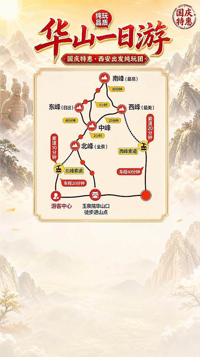 重新设计西安华山一日游国庆特惠直播背景图，竖版9:16。整体风格清爽简洁，不要过于复杂拥挤。背景：淡雅的华山山峰远景+少量兵马俑元素点缀，浅金色渐变天空，云雾轻柔，干净通透，不要大面积红色和繁复装饰。布局调整：华山线路地图整体向上移动，位于画面中上部，地图下方留出约40%的空白区域用于真人出镜（底部区域保持干净简洁，不要放卖点文字和复杂装饰）。地图上所有文字、线路、山峰名称、时间标注、索道标识等必须完全保留原图内容，不得有任何变动。顶部保留主标题"华山一日游"和副标题"国庆特惠·西安出发纯玩团"，字体简洁大气，红金配色但不要太厚重。左上角或右上角有小型"国庆特惠"标签。画面底部40%区域保持简洁干净，只有淡淡的华山轮廓或云雾底纹，方便直播时真人出镜。整体色调清爽明亮，浅金+米白为主，点缀红色，版式精美，层次分明，2K超清画质。