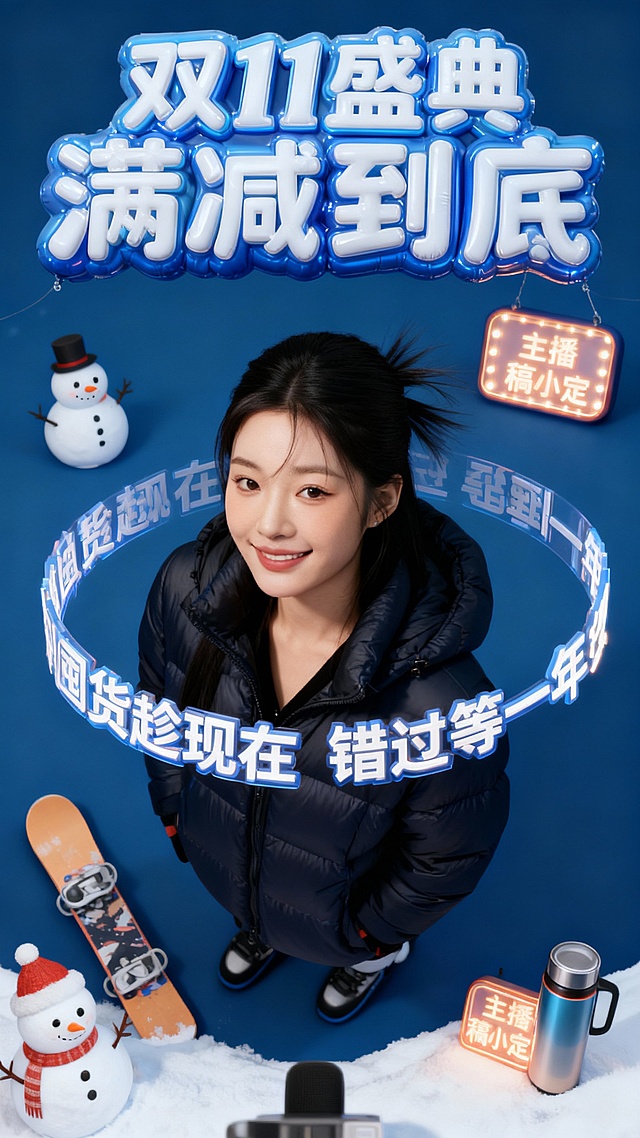 3D软质充气风结合霓虹灯效果，卡通雪人与滑雪板营造冬日氛围，科技感文字环绕人物，突出双11促销主题，可爱又未来感十足。