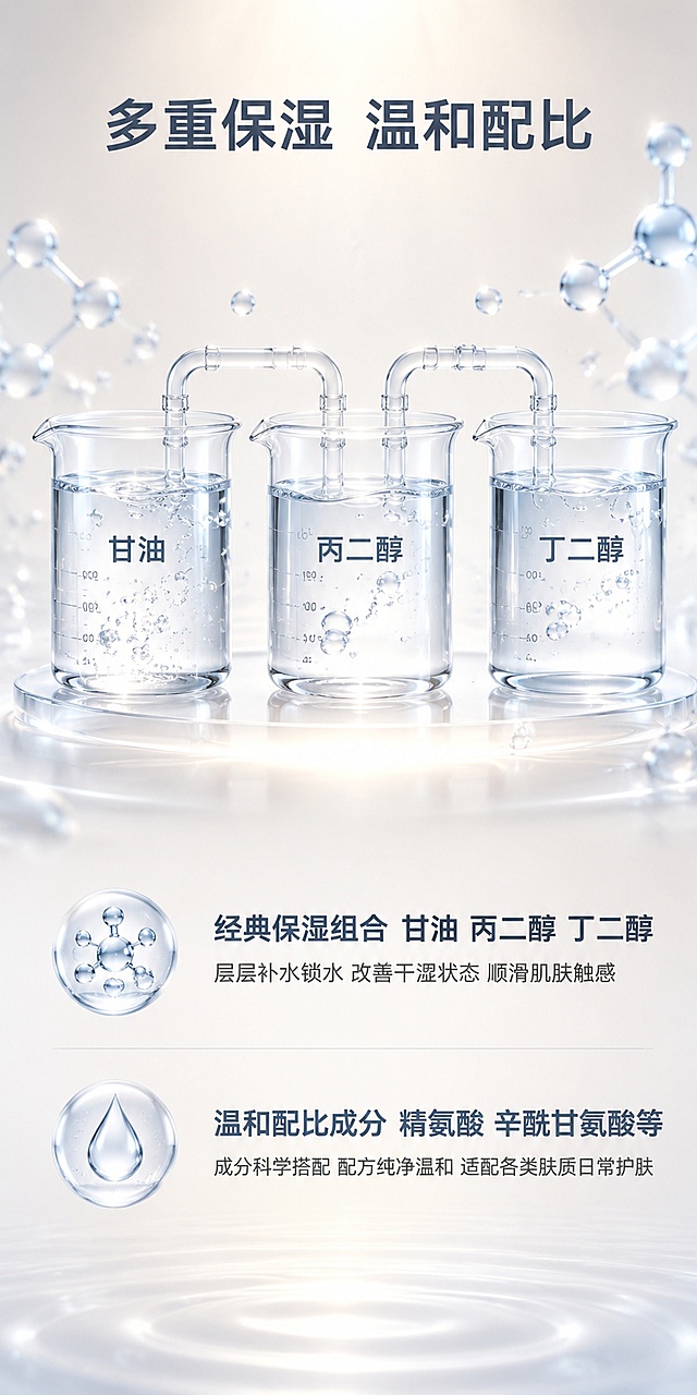 第4屏 核心成分解析下-经典保湿组合与温和配比成分。本屏为成分专屏 不使用产品垫图 以成分可视化为主。氛围风格：纯净温和科研风 通透高级成分展示 温润质感。元素布局：画面上半部分展示三个透明玻璃烧杯 从左到右依次排列 烧杯中分别装有不同的透明液体 代表甘油 丙二醇 丁二醇三种保湿成分 烧杯之间用细管连接 形成成分复配的视觉效果。烧杯周围悬浮细小的水分子颗粒。背景为浅米白渐变 底部有柔和的光晕。光影质感：顶部柔光箱均匀照明 玻璃烧杯有通透高光和折射 液体清澈透明 整体明亮柔和 温润干净。配色色系：全局底色浅米白 主色白透明 辅助色浅蓝银灰。视角构图：平视正面视角 三个烧杯横向排列 阅读动线从上到下。文字版式：顶部居中主标题多重保湿 温和配比 深灰蓝色大号粗体。烧杯下方第一组文字经典保湿组合 甘油 丙二醇 丁二醇 深灰蓝色中号粗体 下方小字层层补水锁水 改善干涩状态 顺滑肌肤触感 深灰色小号。再下方第二组文字温和配比成分 精氨酸 辛酰甘氨酸等 深灰蓝色中号粗体 下方小字成分科学搭配 配方纯净温和 适配各类肤质日常护肤 深灰色小号。文字分两组排列 清晰可读 手机端适配。比例分辨率：宽度800像素 高度1600像素 竖版2比1比例 4K分辨率 文字清晰可辨 高清画质。负向提示词：变形 水印 文字错乱 文字过小 背景杂乱 平台Logo