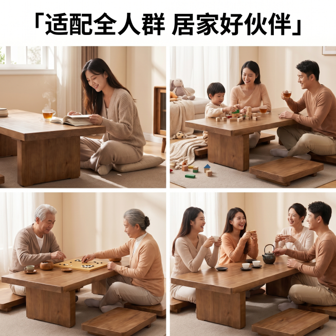 [主图8] 榻榻米茶桌不同人群使用场景延展图，温馨舒适家居治愈风，商业摄影质感，光线柔和通透，产品清晰真实画面干净高级。元素：四宫格等宽拼图展示不同人群使用茶桌的温馨场景：第一格是年轻女生盘腿坐在茶桌预览效果