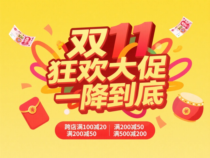 主标题“双11狂欢大促一降到底” ，搭配 “跨店满 100 减 20”“满200减50”“满500减200” 红色副标题框，点缀优惠券、人民币100元，红包等促销小元素，背景为黄色渐变，促销氛围预览效果