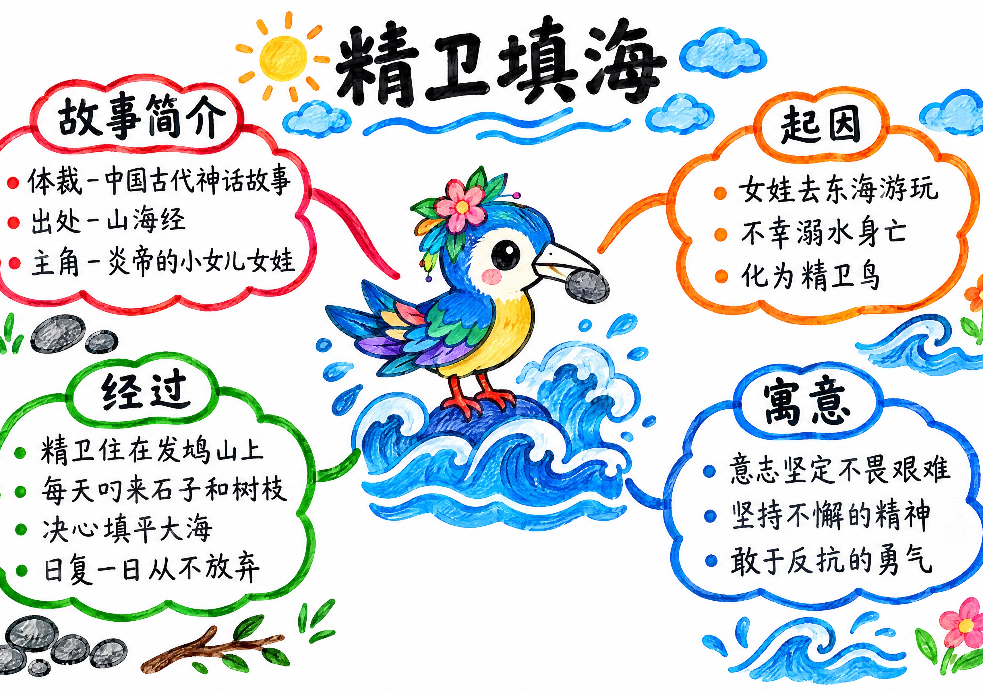A4横版思维导图，主题为"精卫填海"，纯白色白纸背景，真人手绘… - 图片创意预览