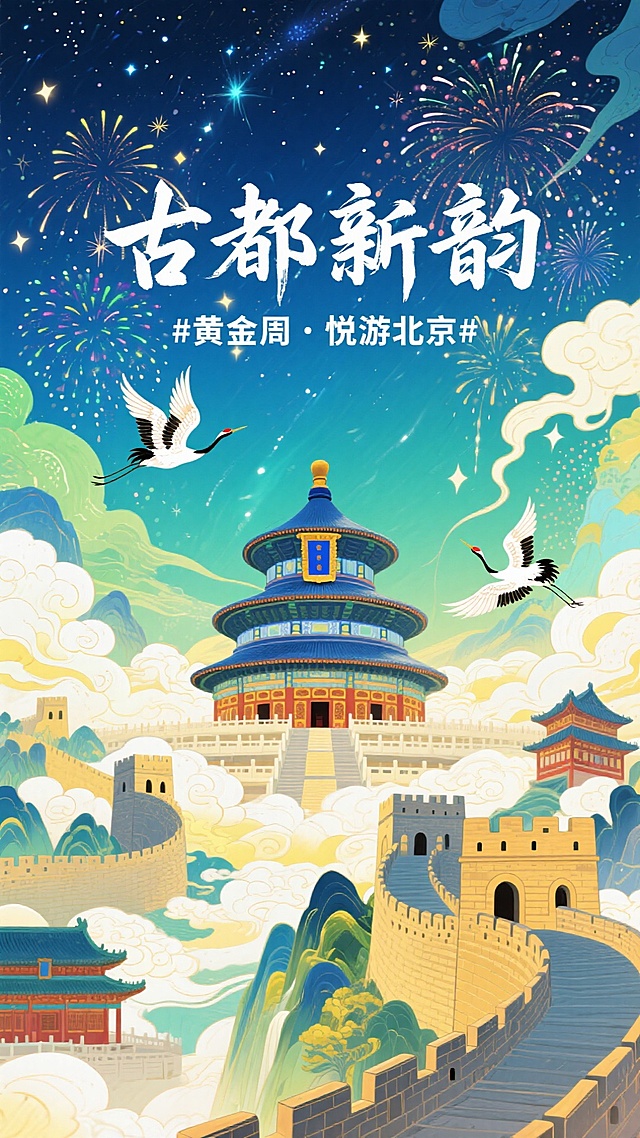 天坛、传统古建筑群、长城为主体，搭配仙鹤、祥云、烟花等装饰，背景是带有星星的夜空，整体色调为蓝、绿、黄等清新且富有中国风的色彩。主标题白色书法艺术字“古都新韵”，副标题“# 黄金周・悦游北京 #”