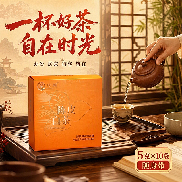 [主图-4] 场景与体验 国潮风陈皮白茶生活场景图 展示多场景饮用 唤起购买联想
[统一基调] 国潮风格 朱红+鎏金+暖橙为主色调 背景融入祥云 山水 古建筑剪影等中式元素 主标题用粗笔刷书法字体 厚重有飞白墨迹 辅助文案用宋体 整体大气喜庆 符合拼多多大字直白性价比风格
[画面] 新中式书房/茶室场景 木质茶桌上摆放着产品包装盒 旁边有紫砂壶 品茗杯 茶则等茶具 背景是中式木格窗 窗外有竹影 画面右侧有一只手正在倒茶 手部自然不畸形 产品盒放在茶桌中央偏左 占比约30% 完整展示正面 整体氛围雅致温馨 体现日常品茶的生活方式
[光影质感] 自然窗边暖光 从右侧窗户照进来 柔和弥散 茶具有温润光泽 产品盒光影与场景统一 有真实桌面投影 不悬浮 整体温暖治愈
[配色] 主色木色 暖棕 米白 点缀朱红 鎏金 标题字朱红色书法体 辅助文案深棕色 整体色调温暖雅致
[文字版式] 左上角横排主标题"一杯好茶 自在时光" 下方小字"办公 居家 待客 皆宜" 右下角印章式标注"5克×10袋 随身带" 文字简洁 放在画面负空间 不遮挡产品和场景主体
[输出要求] 1:1正方形 产品外观颜色结构与输入图完全一致 场景真实自然 生活代入感强 负向 禁止变形 错字 模糊 杂乱 水印 平台Logo 禁止手部畸形 禁止医疗功效宣称 禁止绝对化用语