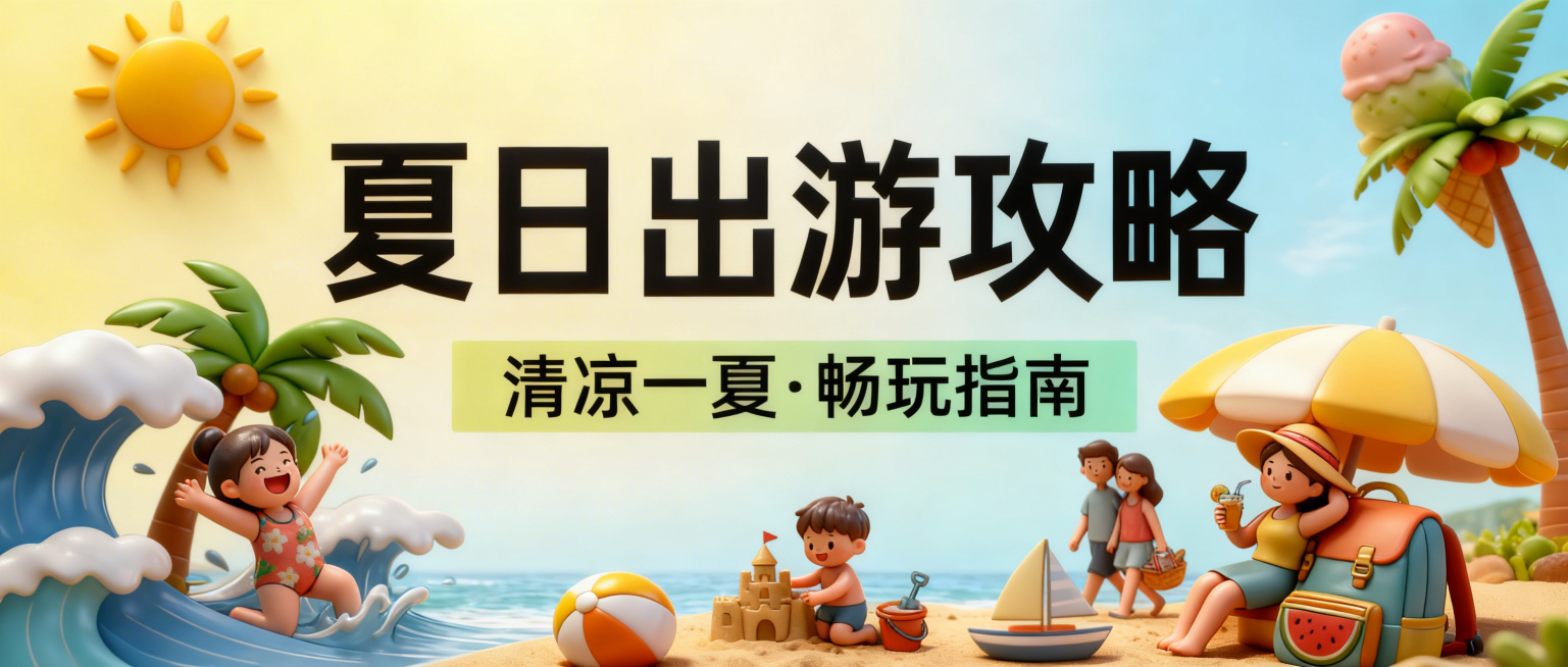 3D卡通风格夏日出游攻略封面，保留原图的文案“夏日出游攻略”“清凉一夏·畅玩指南”，以及海滩、太阳、椰子树、海浪、沙滩、冰淇淋、遮阳伞、背包等夏日元素，添加活泼的卡通游玩人物，整体明亮可爱，充满夏日活预览效果