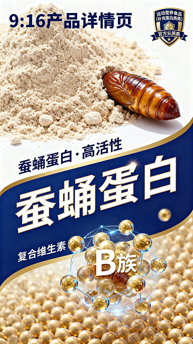 9:16比例，干净的白色背景配蓝金边线。画面展示一个微观视角的精美生鲜蚕蛹素材与粉末融合的特写图，旁边标注"蚕蛹蛋白·高活性"，将"蚕蛹蛋白"四个字放大展示。下方展示几个代表复合维生素（B族）的科技感小球体。画面角落有"运动营养食品（补充蛋白质类）"的官方认证标签。光影柔和，突出安全、专业，采用深皇家蓝与香槟金配色，9:16竖幅商品详情页